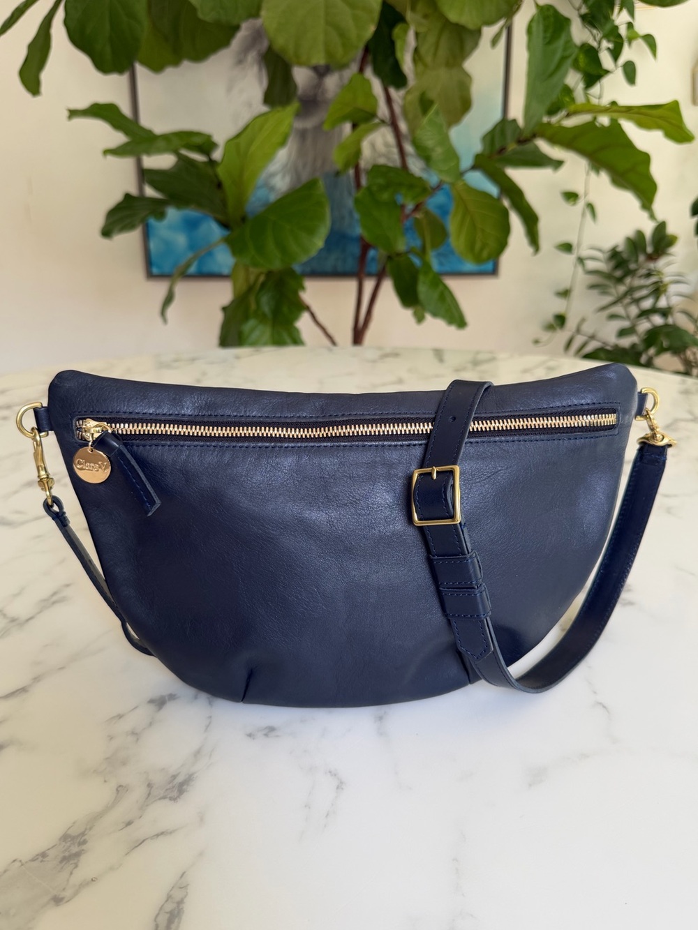 Clare V Grande Fanny Navy Blue Leather Crossbody Sling Belt Bag